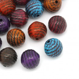 LOT 20 PERLES ACRYLIQUES :  rondes multicolores rayées noires 9.5mm