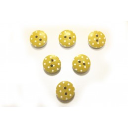 LOT 6 BOUTONS BOIS : rond jaune motif  pois 15mm
