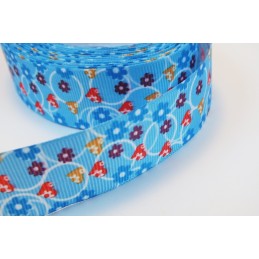 RUBAN : bleu motif fleur...