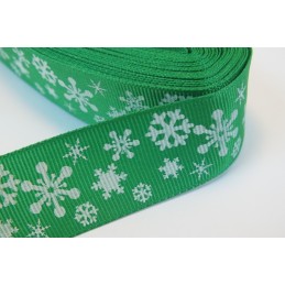 RUBAN POLYESTER : vert motif flocon blanc largeur 25mm  longueur 100cm