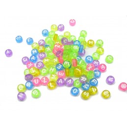 100 perles rondes multicolores transparentes lettres blanches 7mm