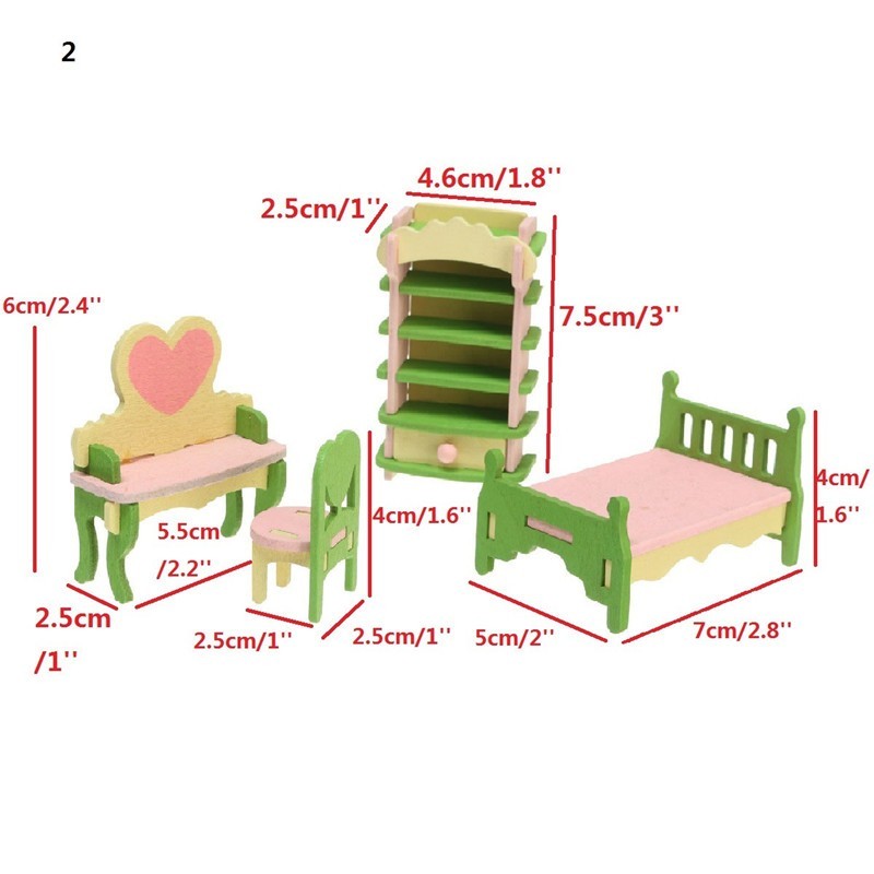 MINIATURE EN BOIS : ensemble 4 pièces chambre vert rose et jaune