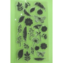 25 Tampons en silicone transparent  motifs :  feuiles , plumes , papillon