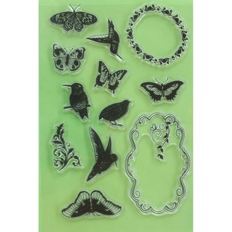 12 Tampons en silicone transparent  motifs : oiseaux,cadres et papillons 