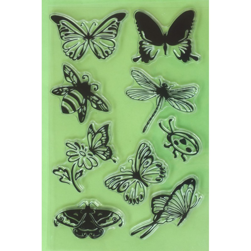 9 Tampons en silicone transparent  motifs : Papillons libellule et coccinelle