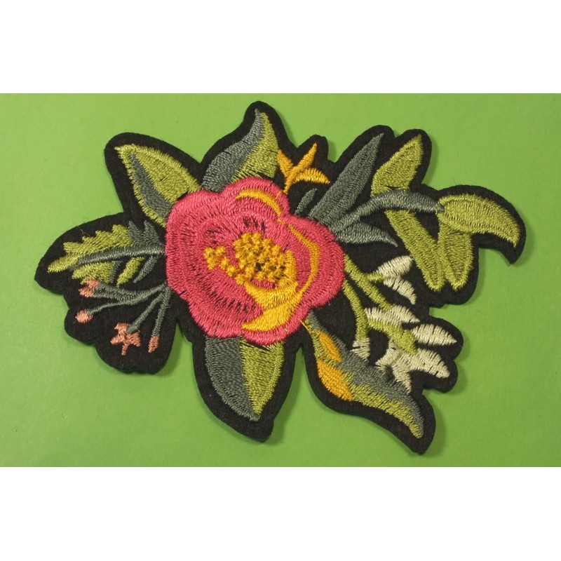 APPLIQUE TISSU THERMOCOLLANT : fleur rose/dorée 140 x120mm