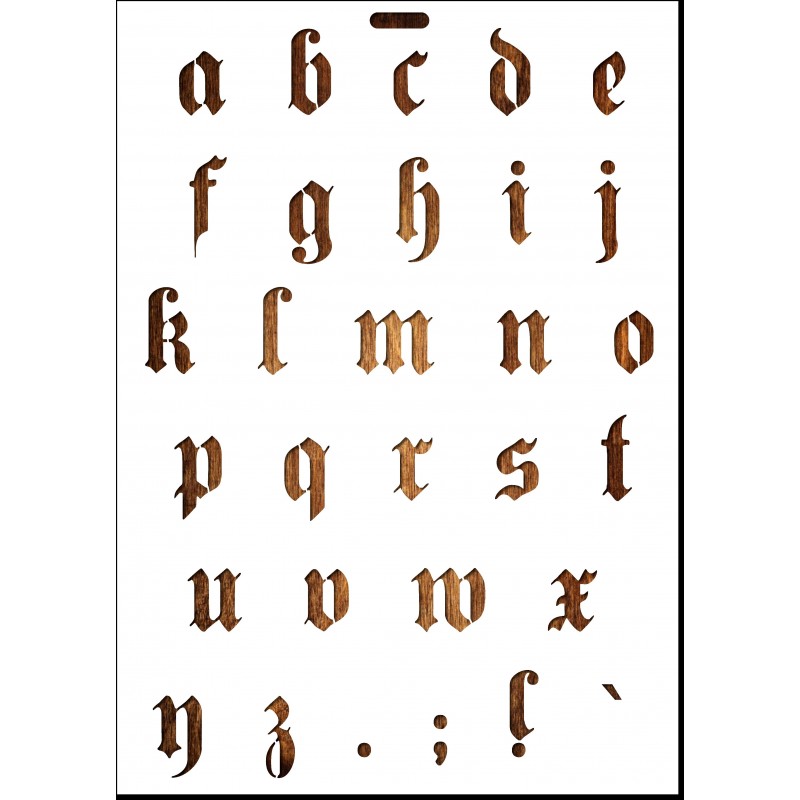 POCHOIR EN PLASTIQUE MYLAR  Format A4 (21*29.7cm)  Alphabet Germanica Lettres minuscules 