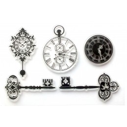 5 Tampons en silicone transparent  motifs : Clés anciennes montre à gousset horloges 