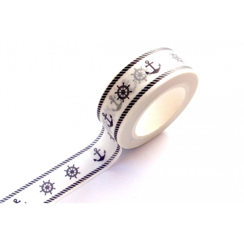 Ruban Washi 15 mm x 10 m motif ancre marine et roue Ruban Washi 15 mm x 10 m motif ancre marine et roue