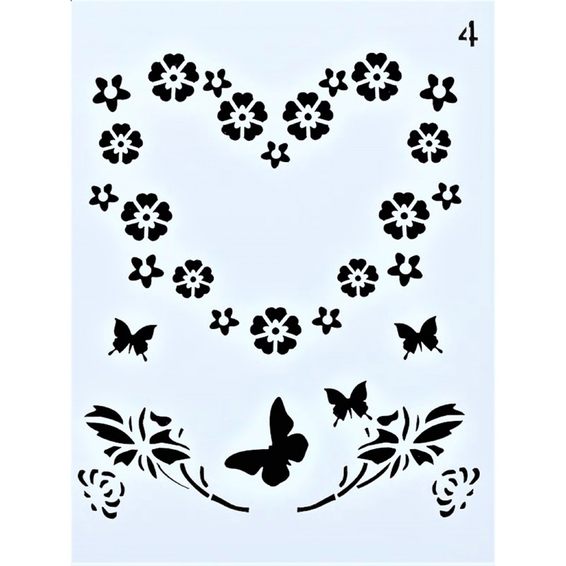 POCHOIR PLASTIQUE 20*15cm : coeur de fleurs et papillons 