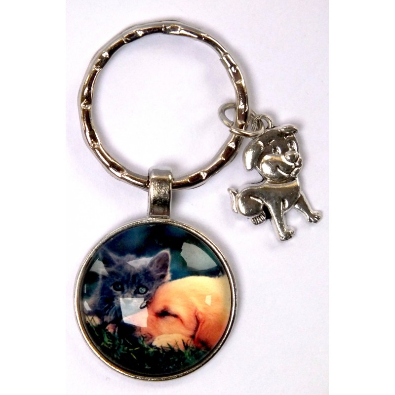 PORTE CLEF METAL ARGENTE : chien Labrador et chat gris 27mm (01) 