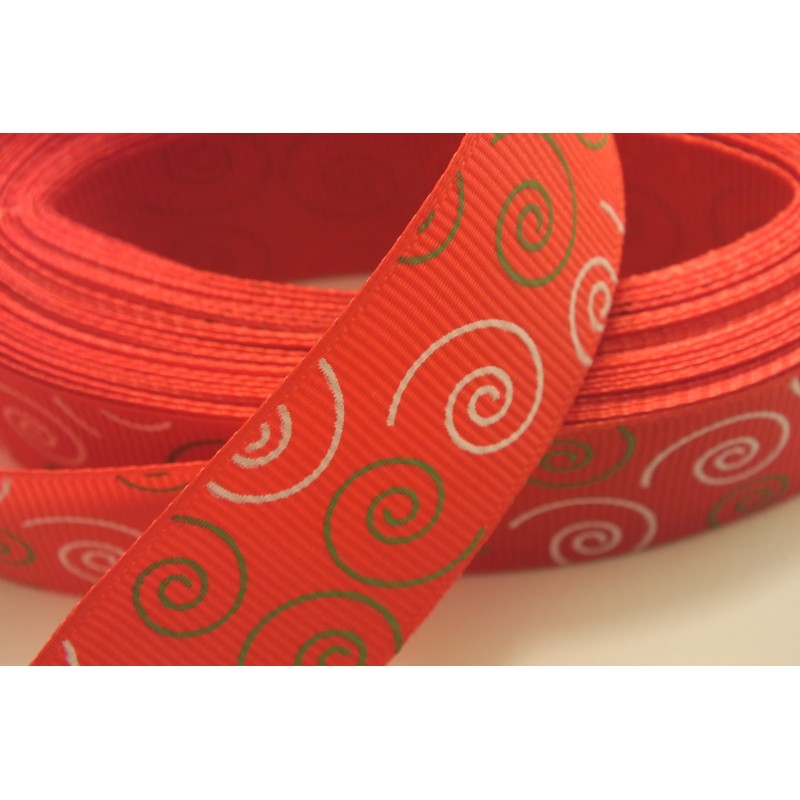 RUBAN TISSU POLYESTER  : rouge motif spirale beige/blanc  largeur 25mm 