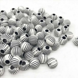 LOT 25 PERLES ACRYLIQUES : rondes fantaisies blanches/noires 9mm (01) 